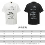 White and black short-sleeve T-shirts with distressed graphic print; size chart