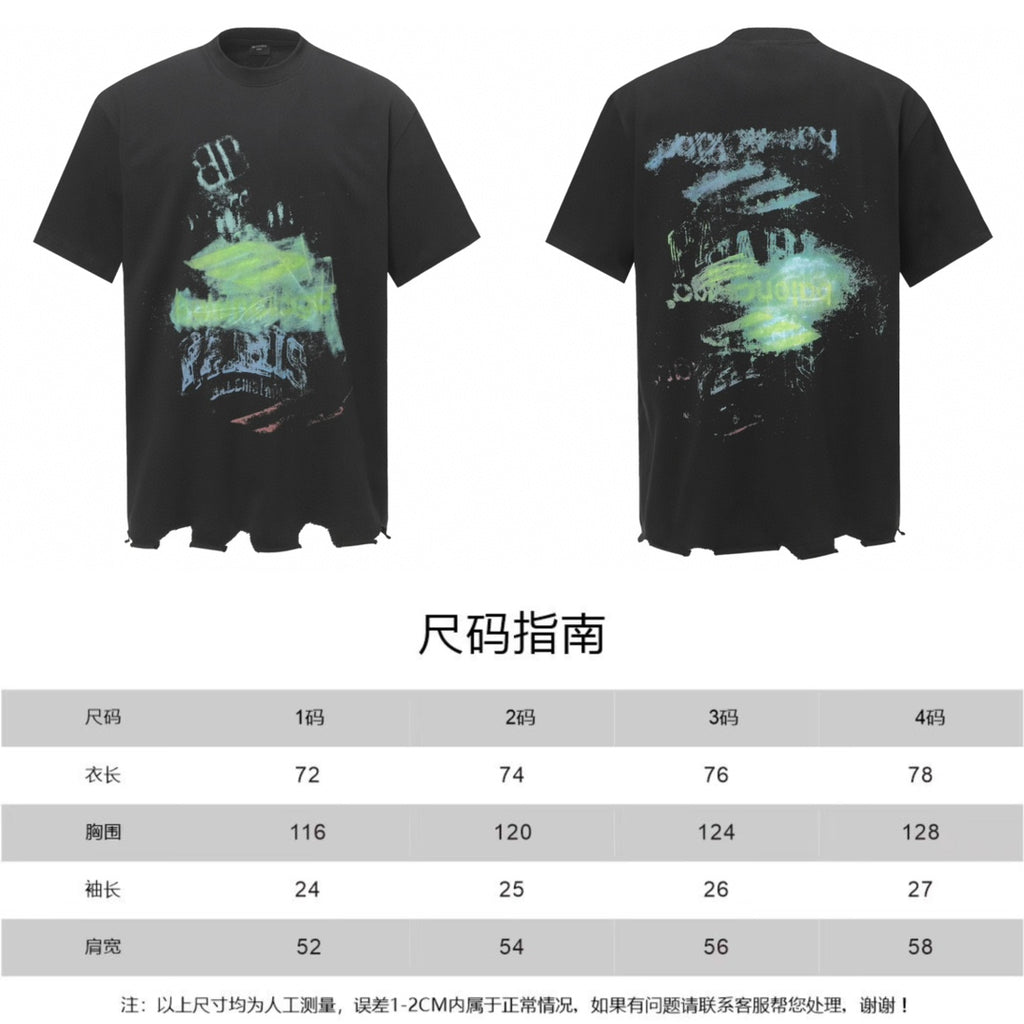 Black short-sleeve T-shirt with front and back graphic print on white background