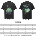 Black short-sleeve T-shirt with front and back graphic print on white background