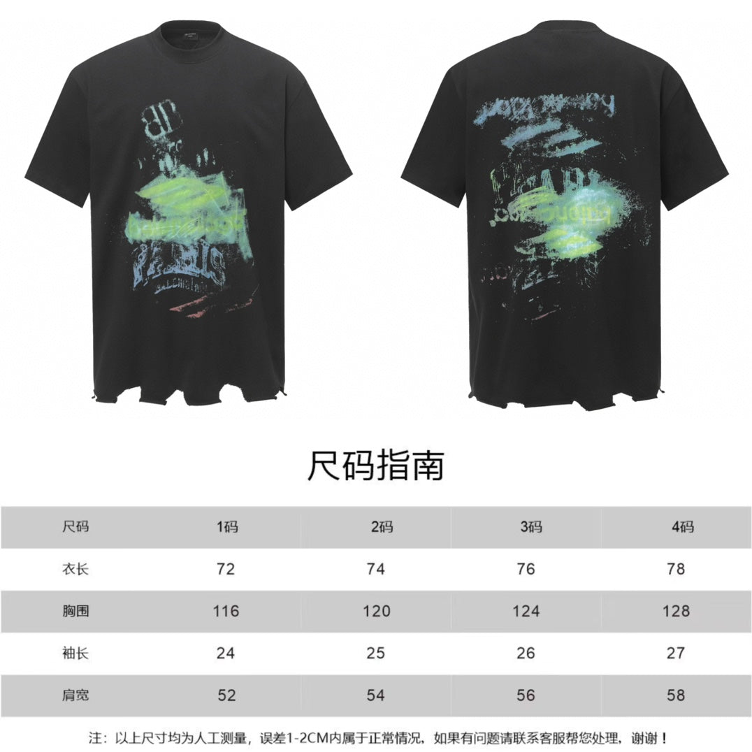 Black short-sleeve T-shirt with front and back graphic print on white background