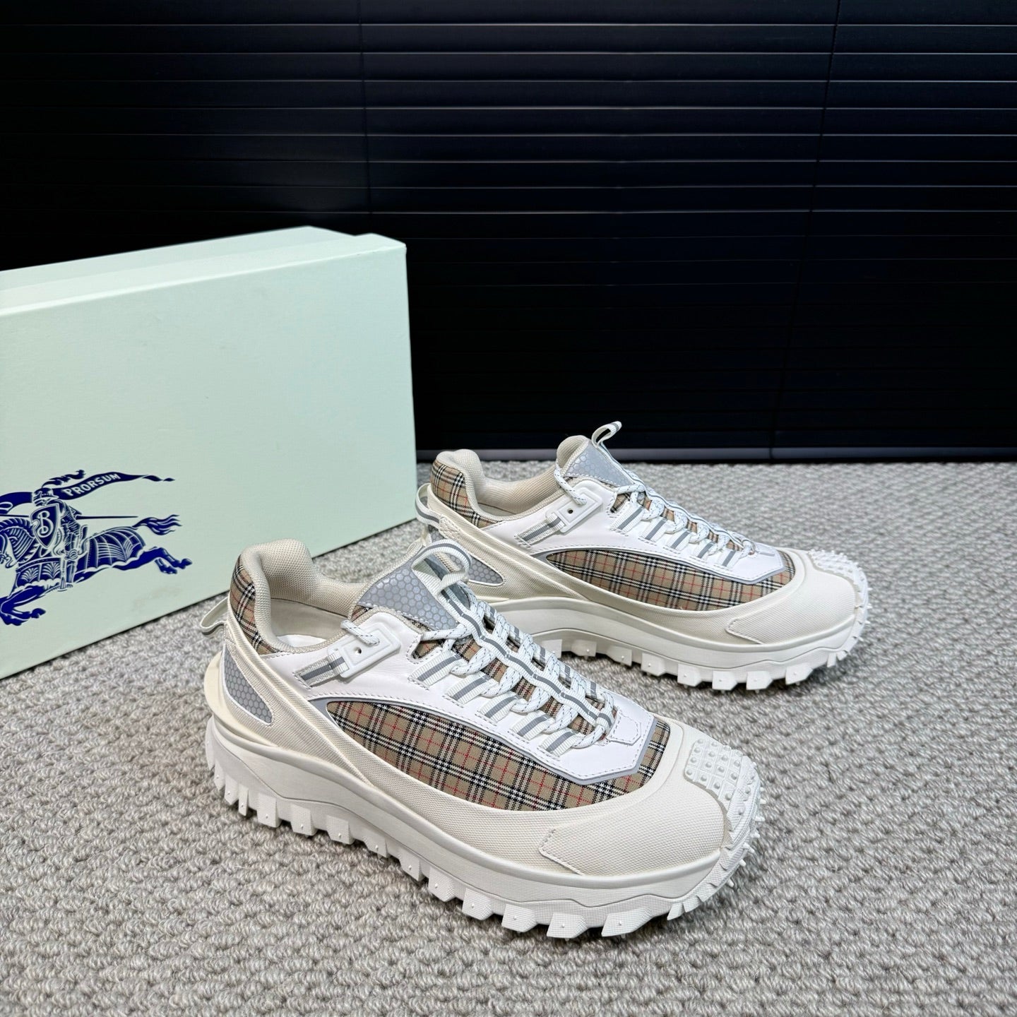 Burberry white lace-up sneakers with plaid inserts and rugged lug sole