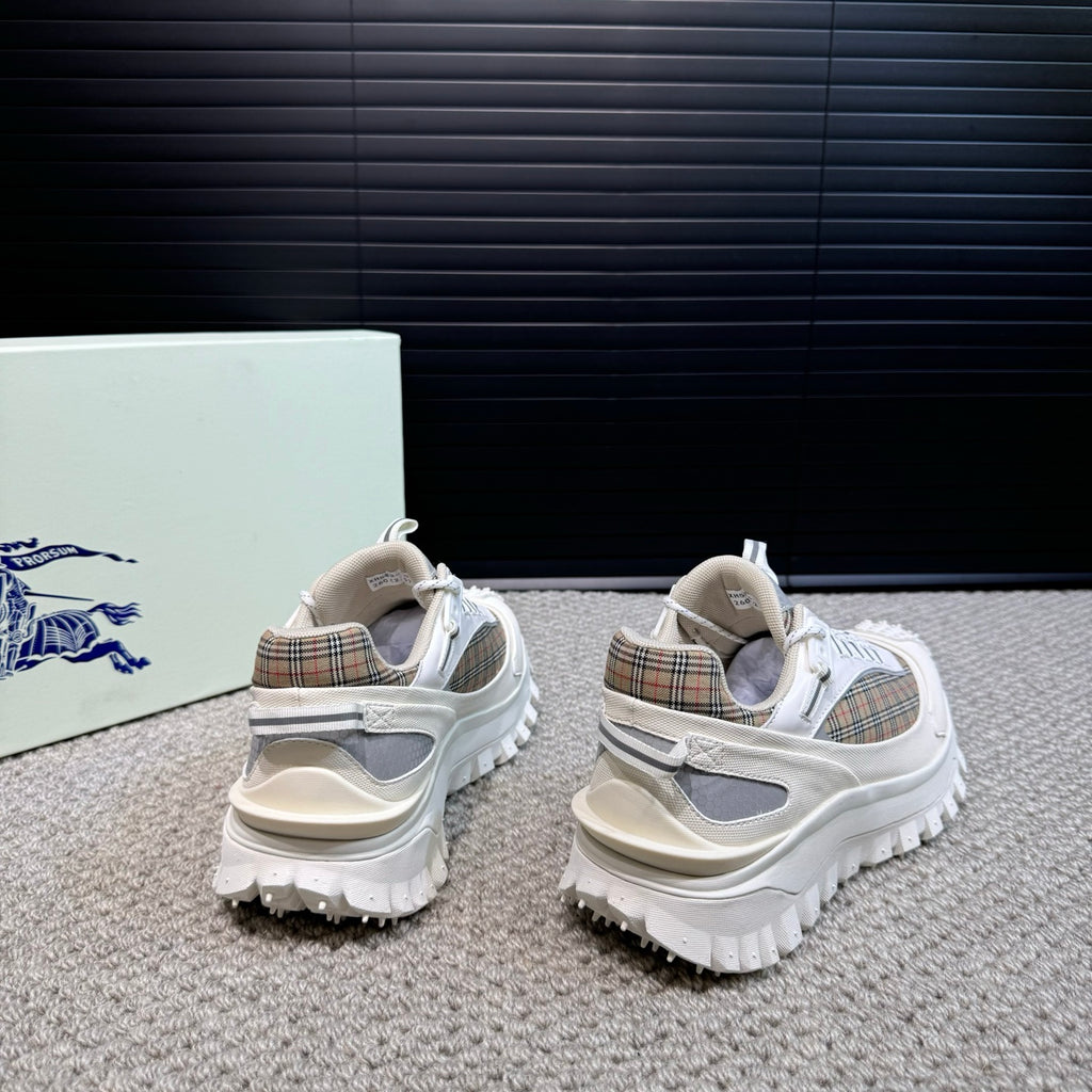 Burberry white sneakers heel view with plaid lining and chunky lug outsole