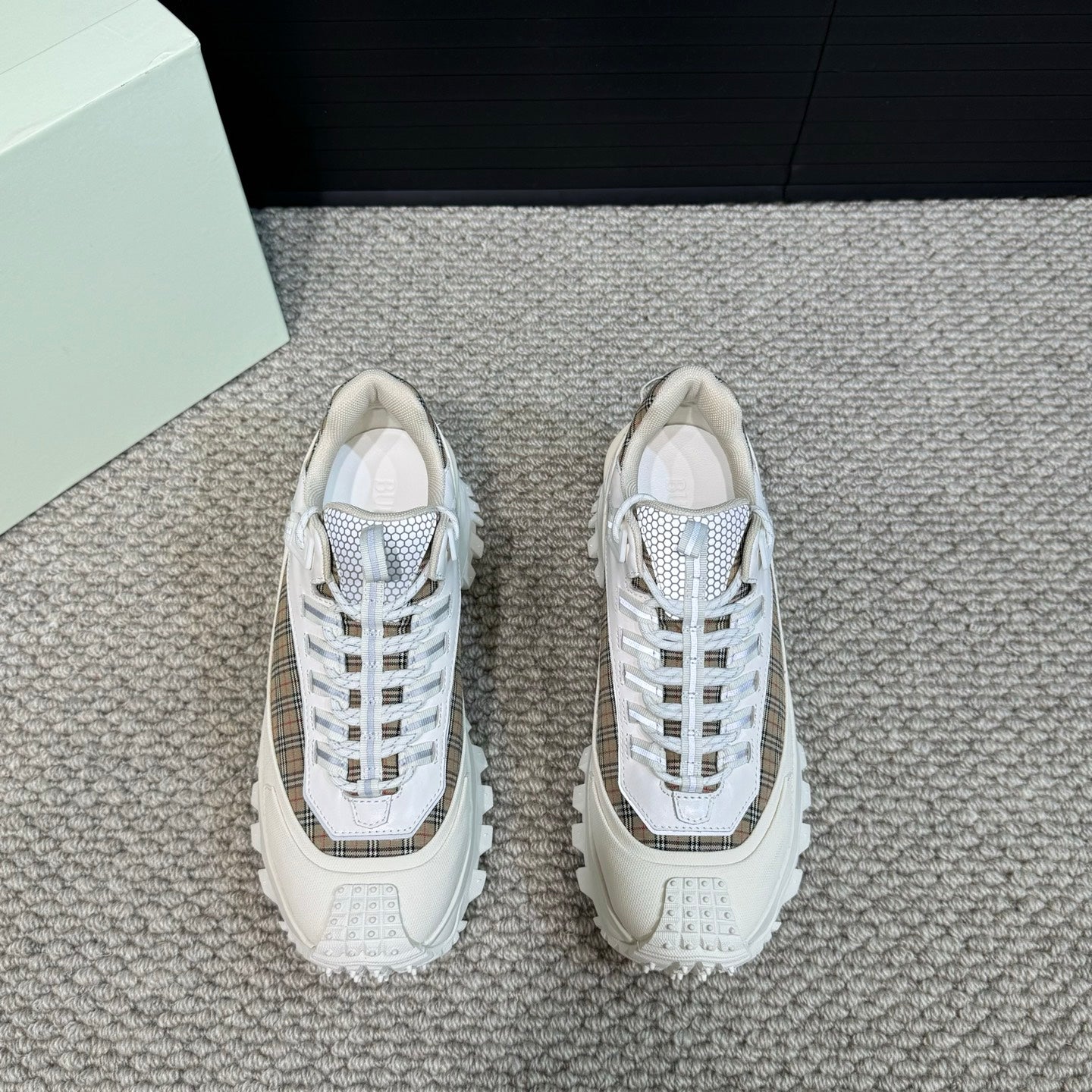 Burberry white lace-up sneakers with plaid panel detail and chunky rubber sole