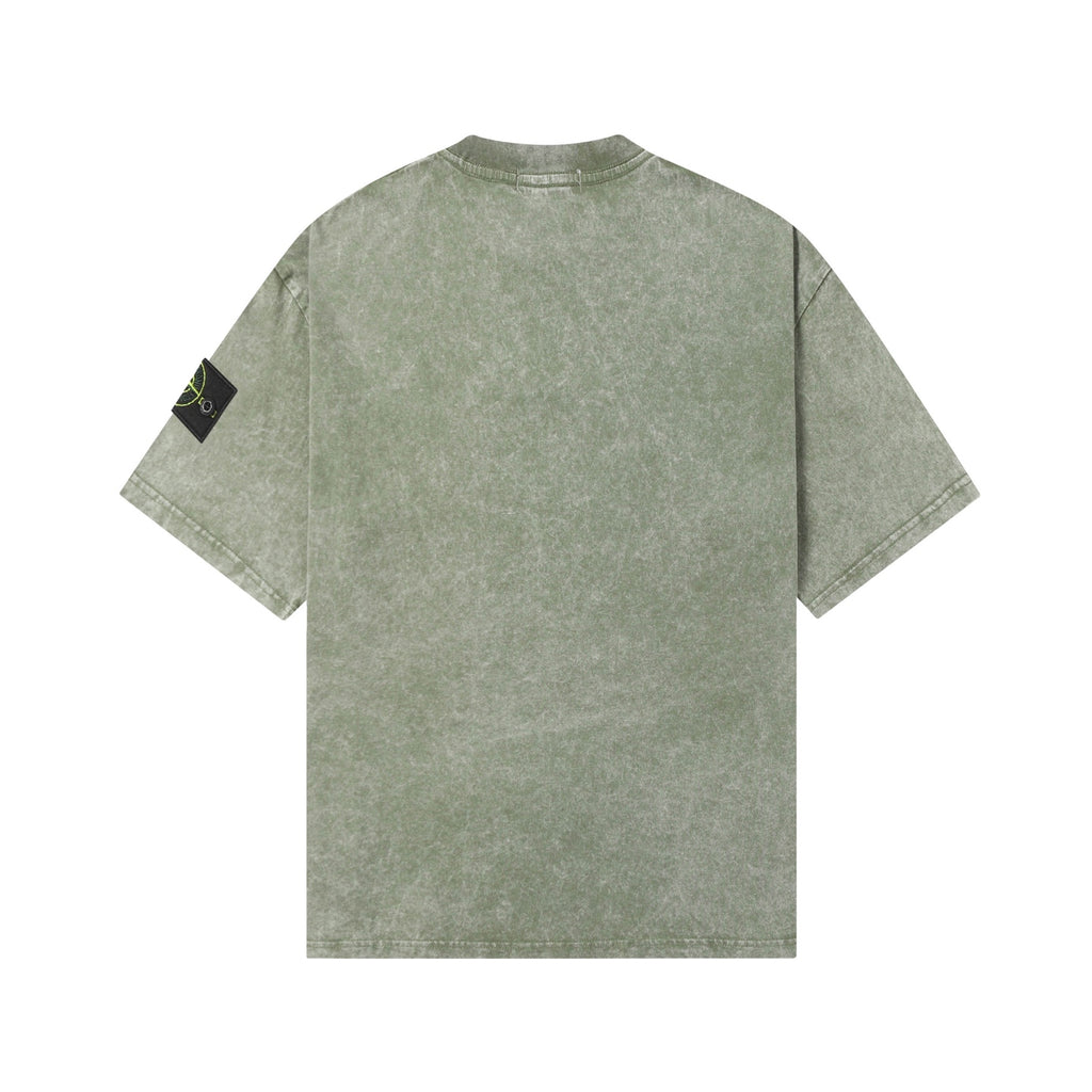 Back of short-sleeve T-shirt in sage green, crew neck, small black side logo patch