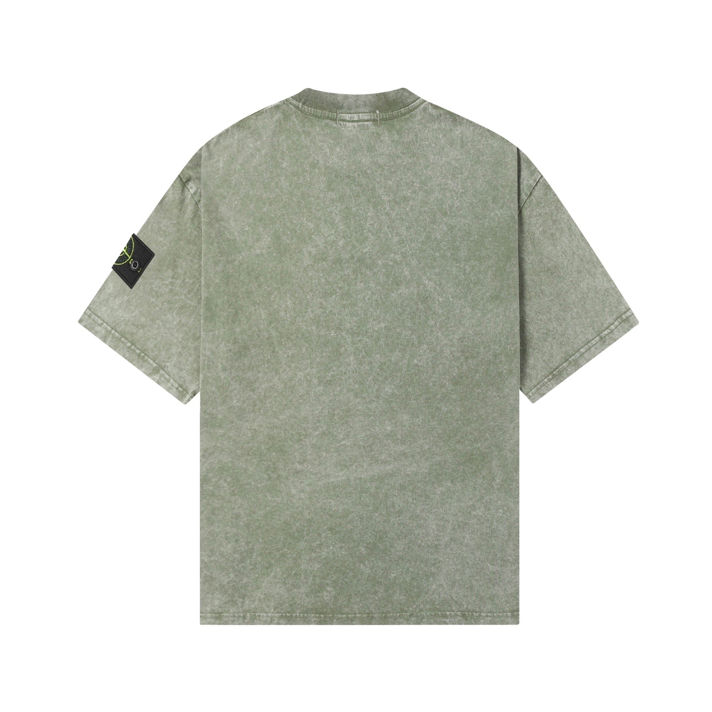 Back of short-sleeve T-shirt in sage green, crew neck, small black side logo patch
