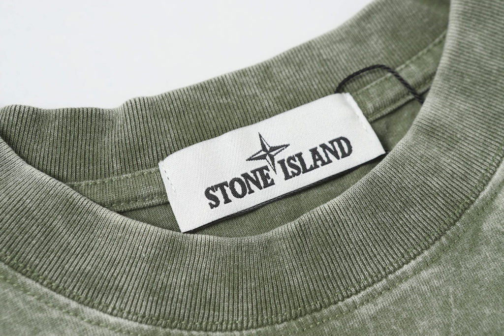 Stone Island T-shirt collar with crew rib knit and brand neck label on sage green