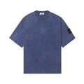 Blue crew-neck T-shirt, short sleeves, Stone Island sleeve patch.