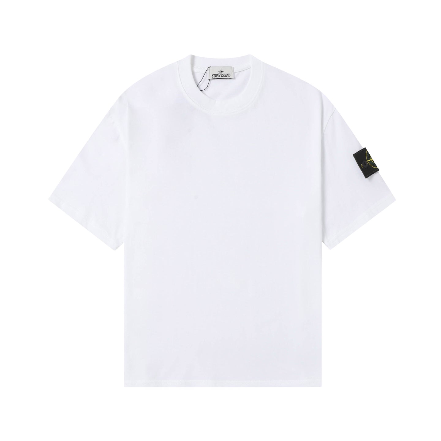 White Stone Island T-shirt with crew neck and small black logo patch on sleeve.