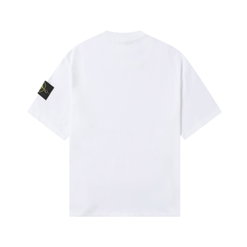 White Stone Island T-shirt back view with black sleeve logo patch.