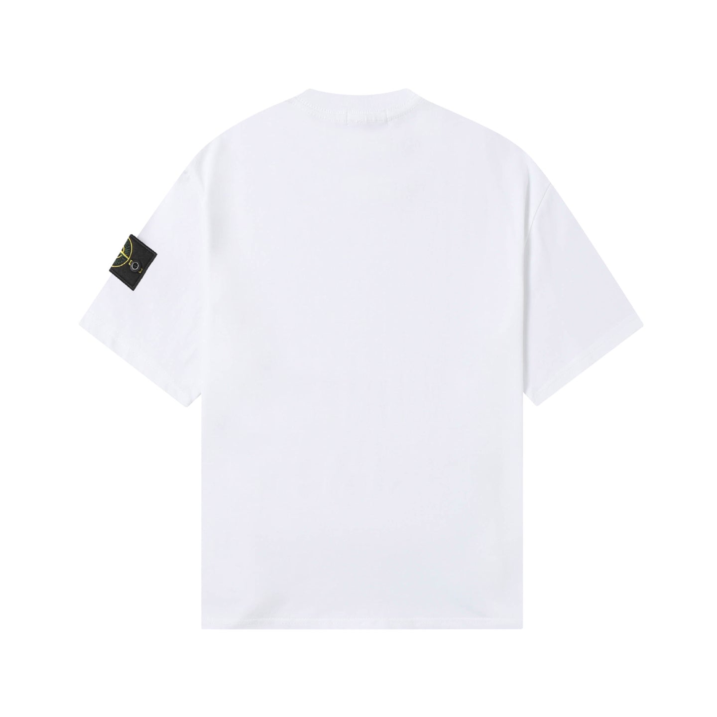 White Stone Island T-shirt back view with black sleeve logo patch.