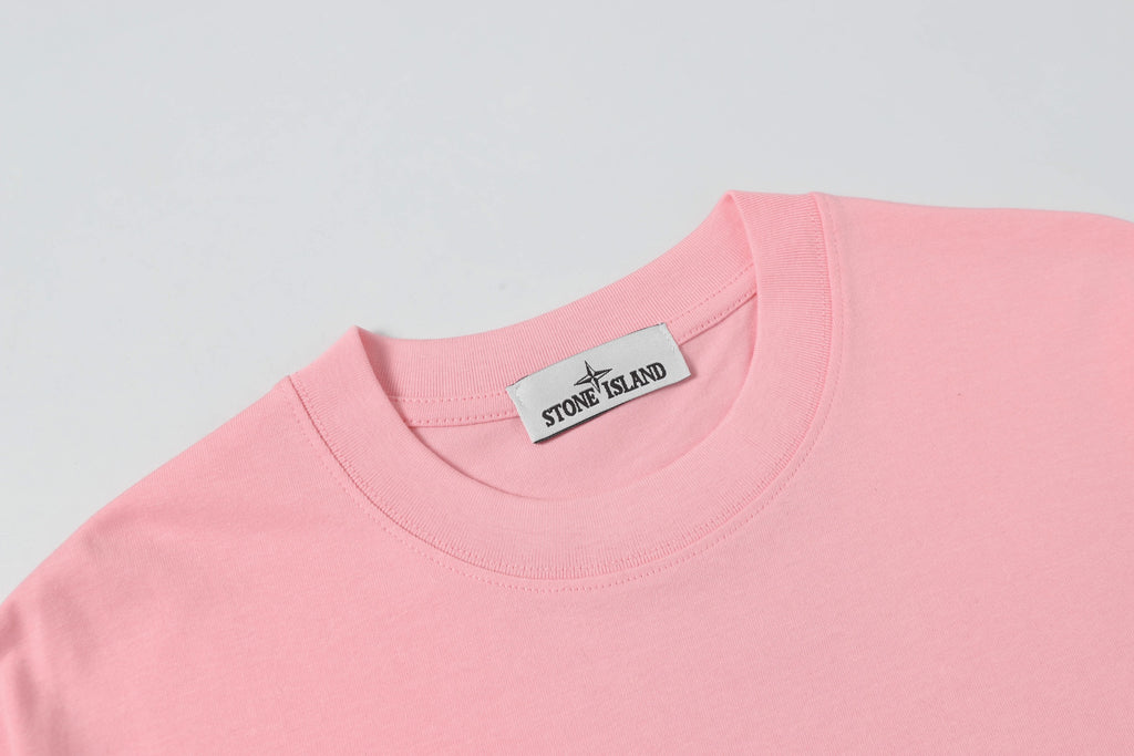 Pink crew-neck T-shirt with Stone Island neck label