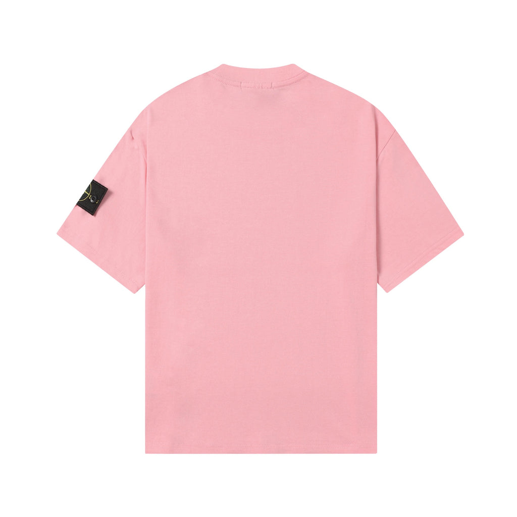 Pink crew-neck T-shirt, back view, short sleeves