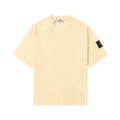 Cream short-sleeve crewneck T-shirt with black logo patch on sleeve