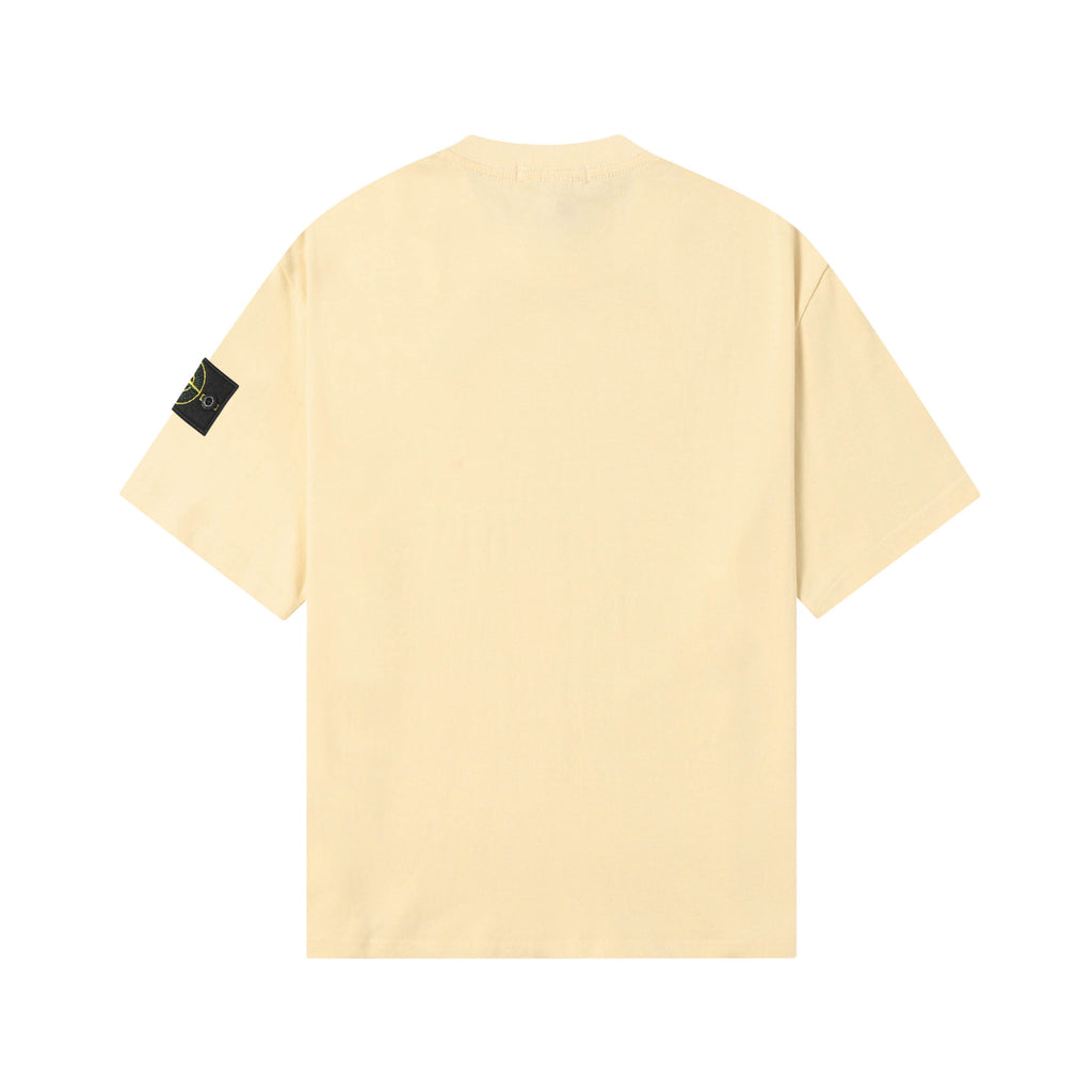 Cream short-sleeve crewneck T-shirt, back view, with black logo patch on sleeve