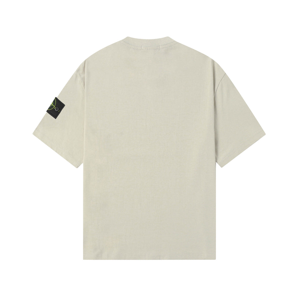 Light beige crew-neck T-shirt with short sleeves, back view
