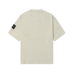 Light beige crew-neck T-shirt with short sleeves, back view