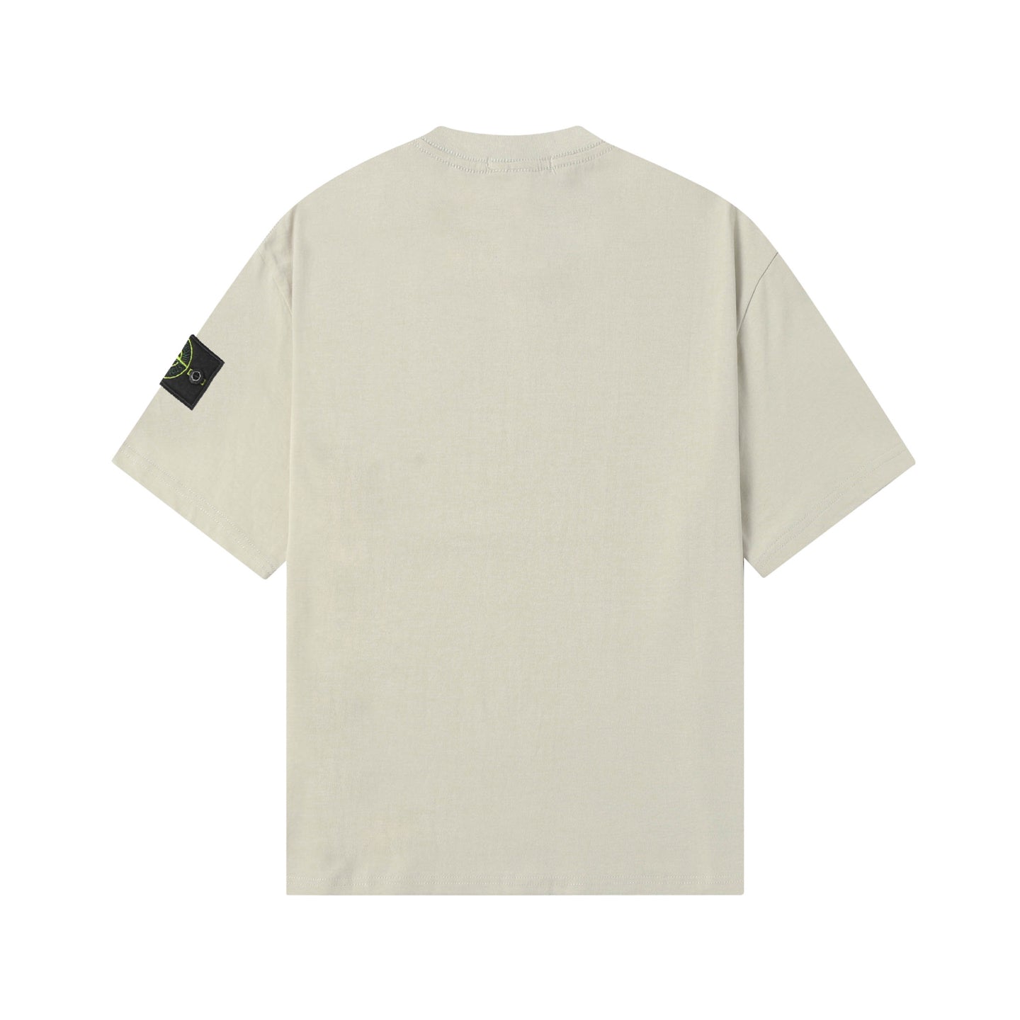 Light beige crew-neck T-shirt with short sleeves, back view