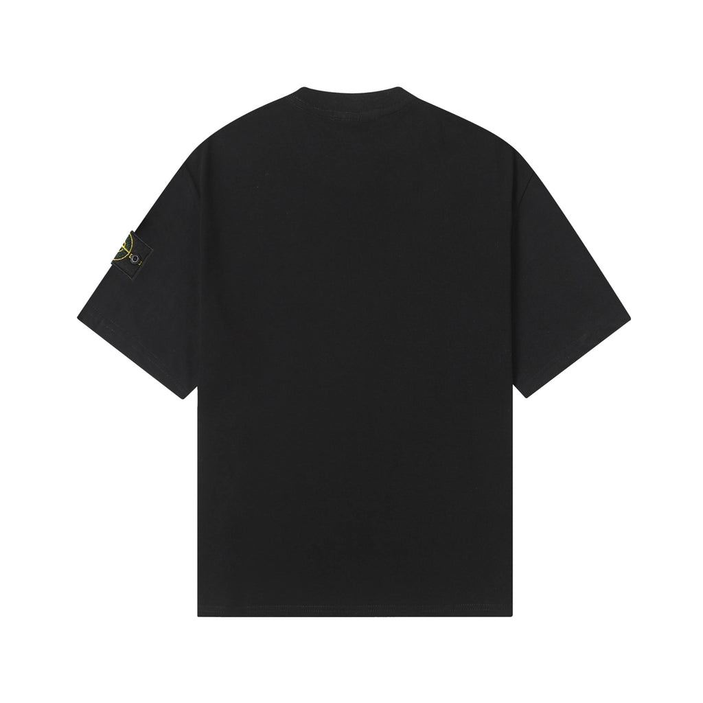 Black crew-neck T-shirt back view with short sleeves