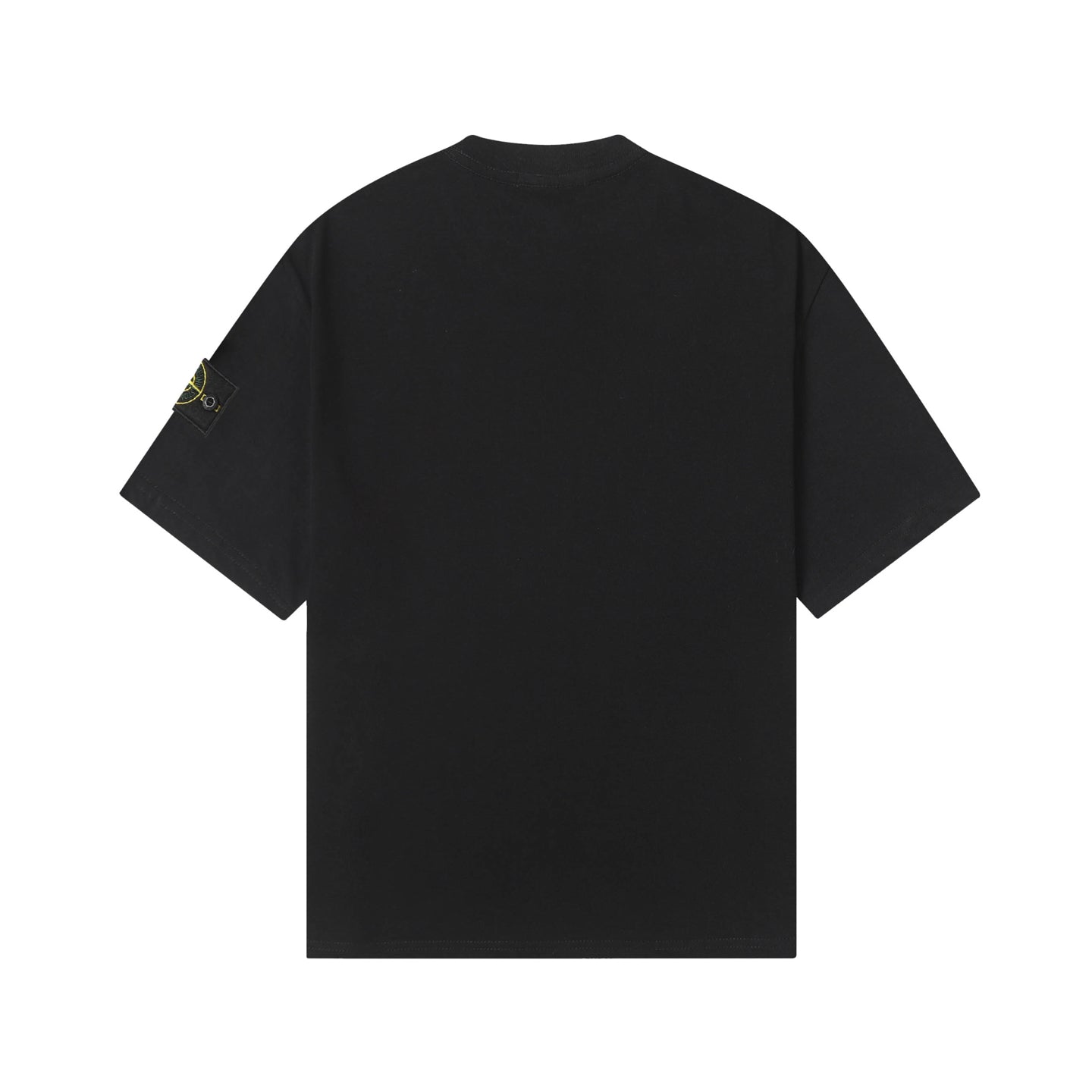 Black crew-neck T-shirt back view with short sleeves