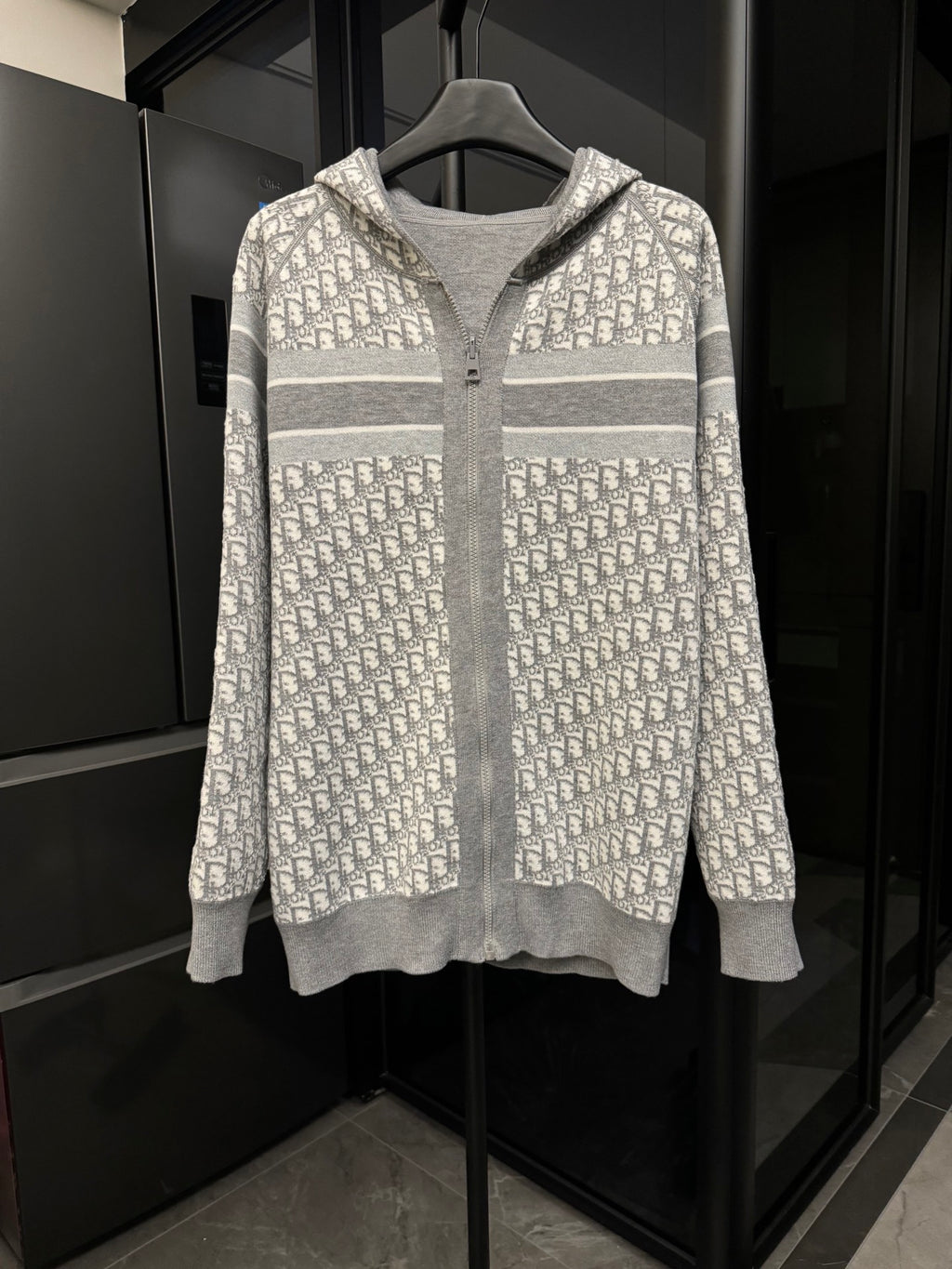 Zip-up hooded sweatshirt in gray with Dior monogram panels and striped bands