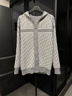 Zip-up hooded sweatshirt in gray with Dior monogram panels and striped bands
