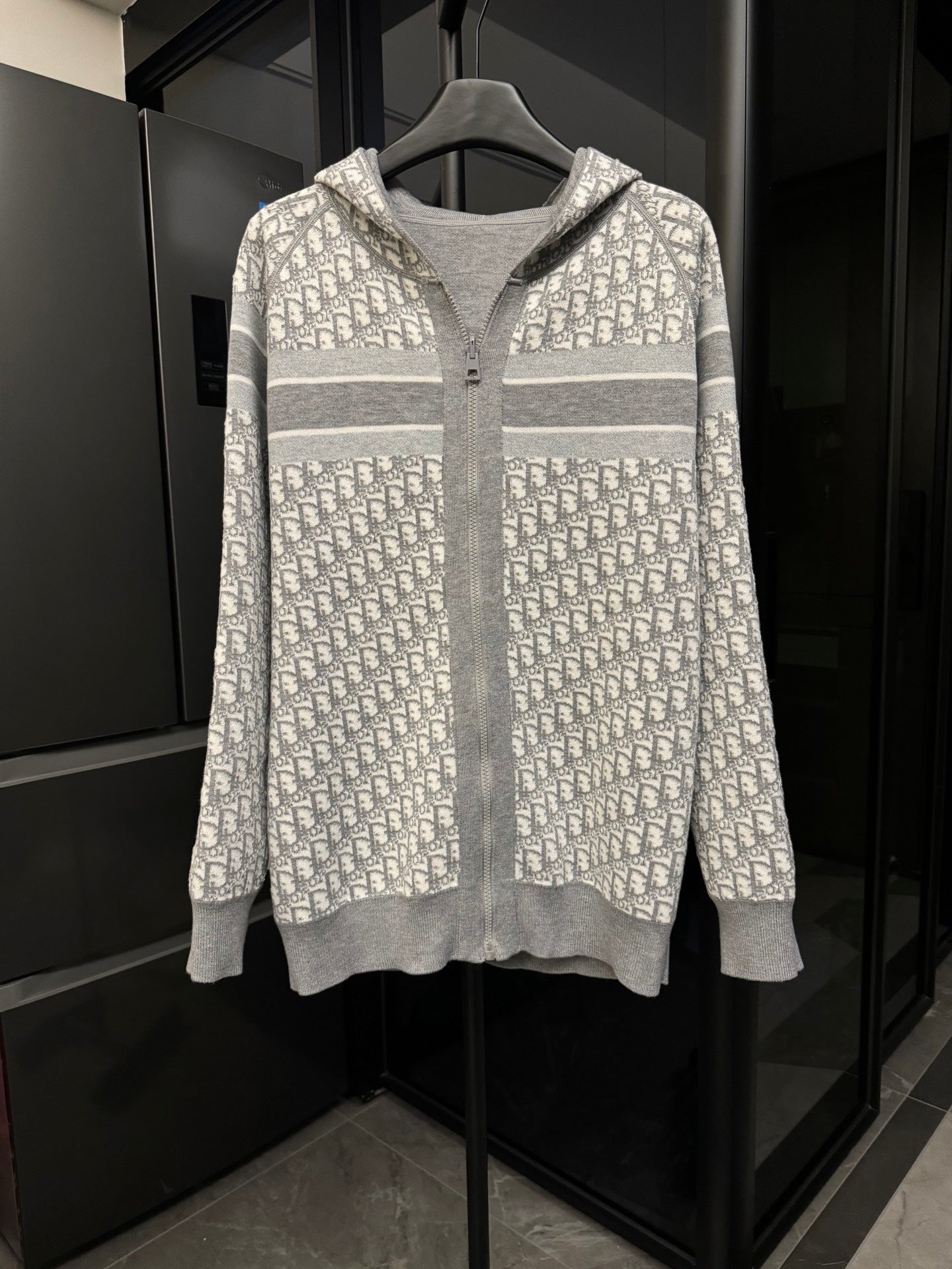 Zip-up hooded sweatshirt in gray with Dior monogram panels and striped bands