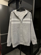 Gray zip-up hoodie with hood, off-white stripe bands, and center zipper