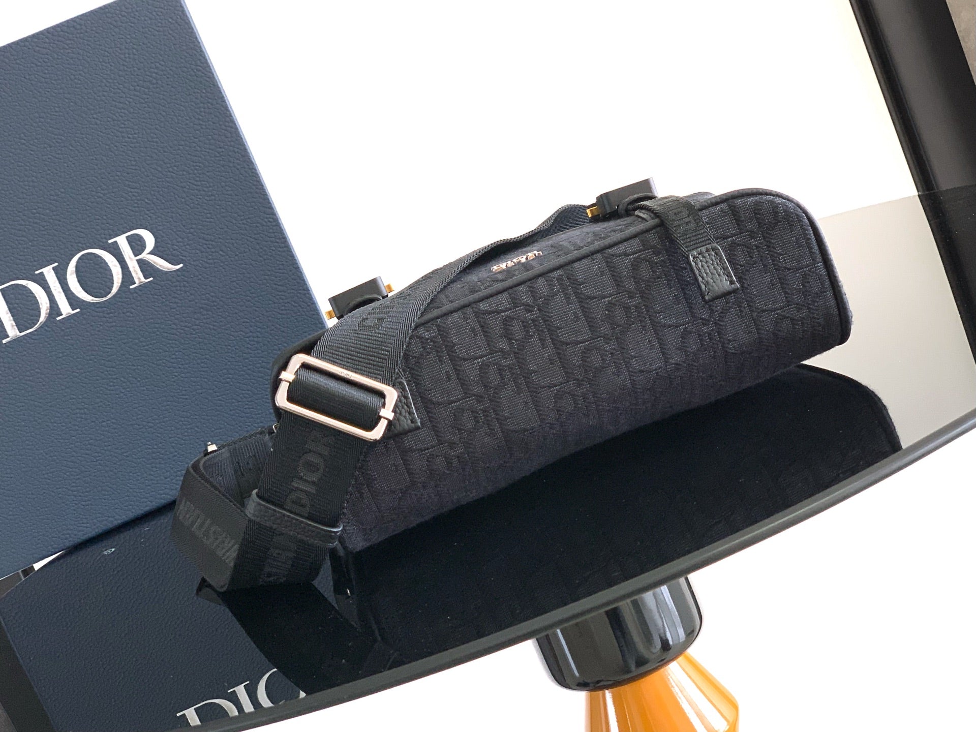 Dior monogram belt bag with top handle, dark gray canvas, and silver-tone buckle