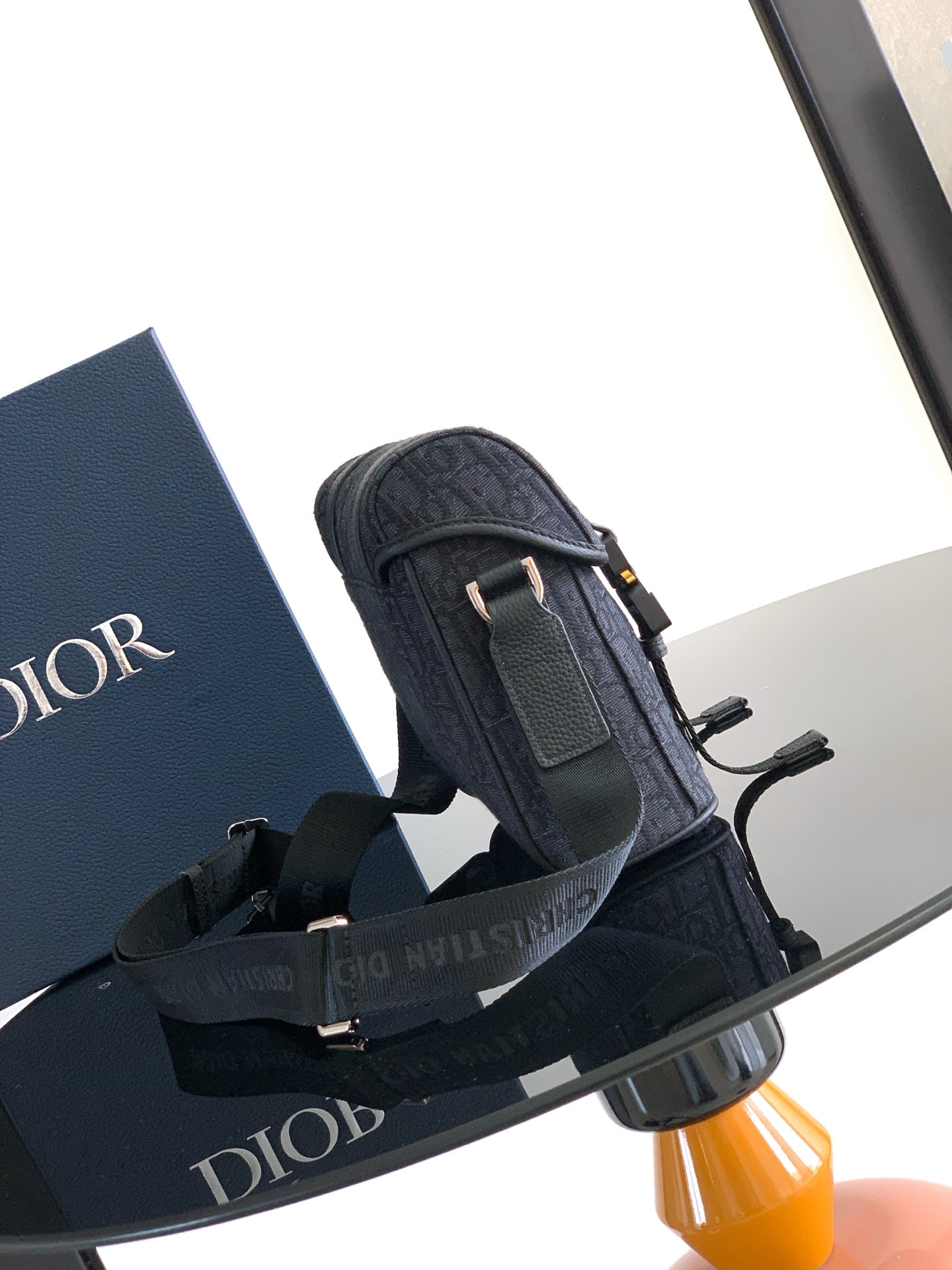 Dior small crossbody bag in dark gray monogram canvas with adjustable shoulder strap