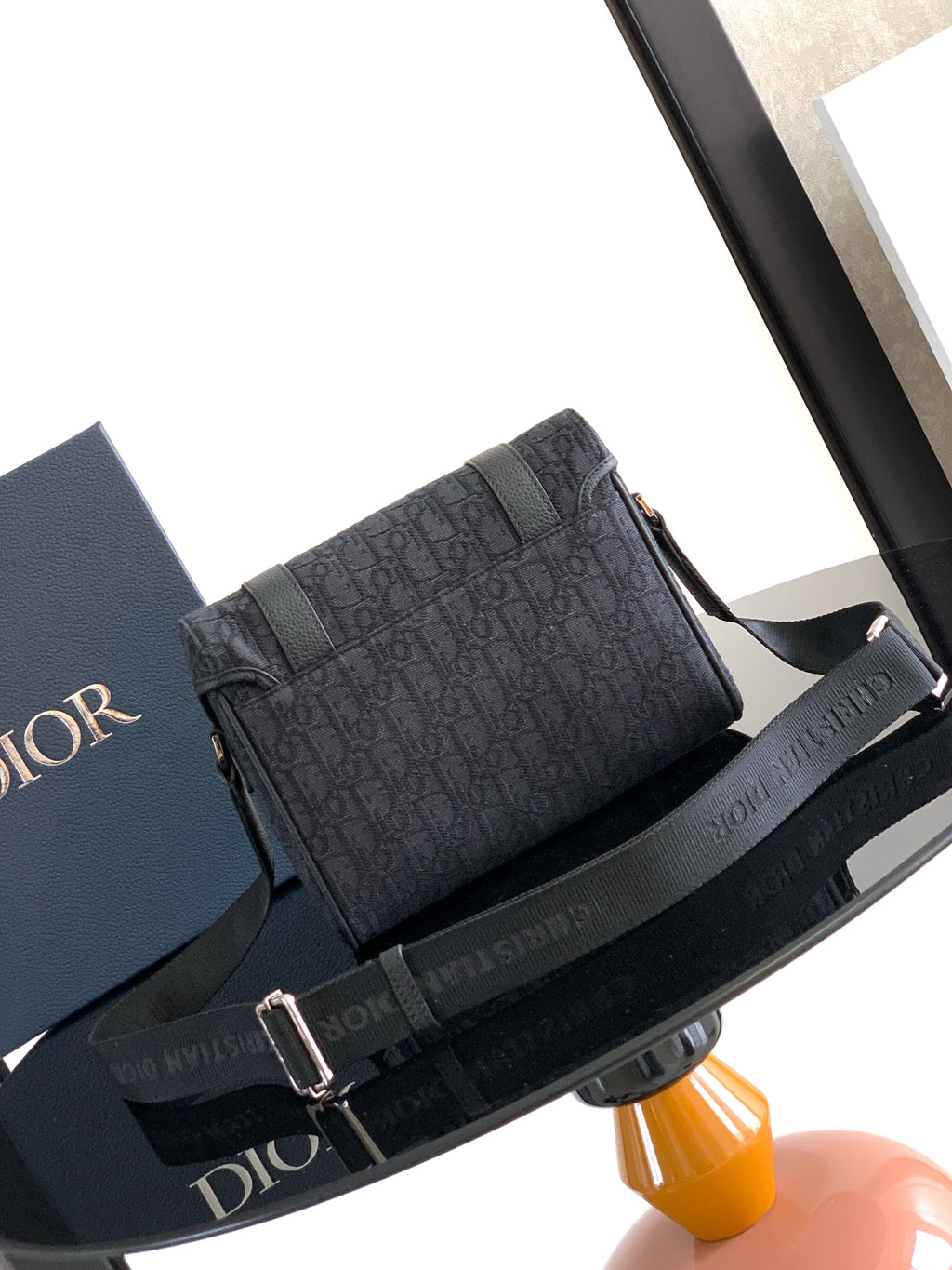 Dior structured crossbody bag in dark gray monogram canvas with front flap and strap