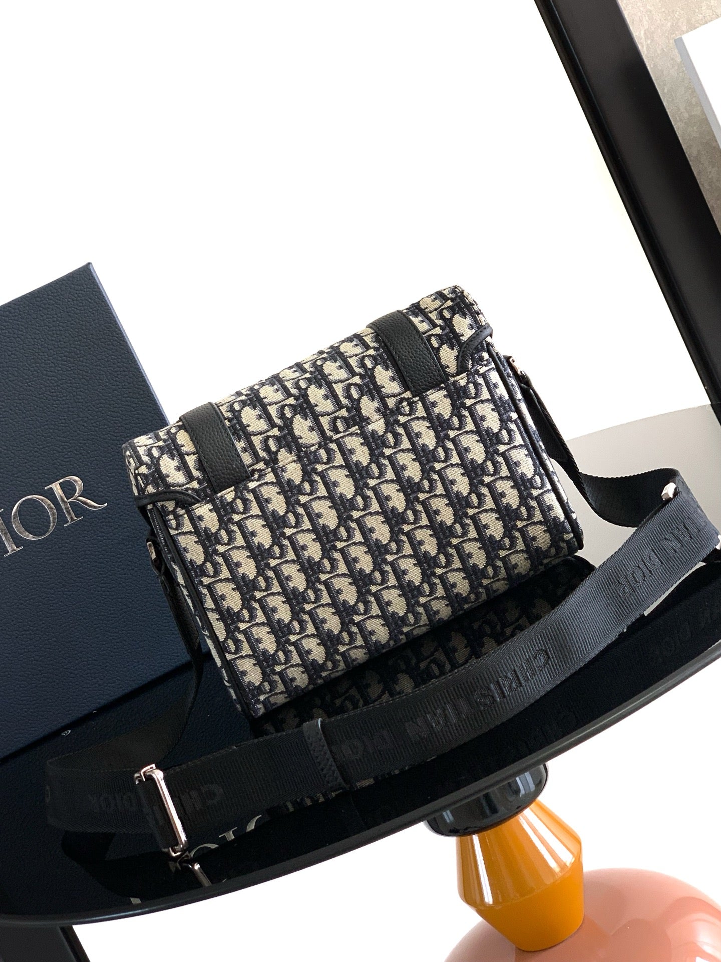 Dior shoulder bag with Dior monogram canvas, black front flap and strap hardware
