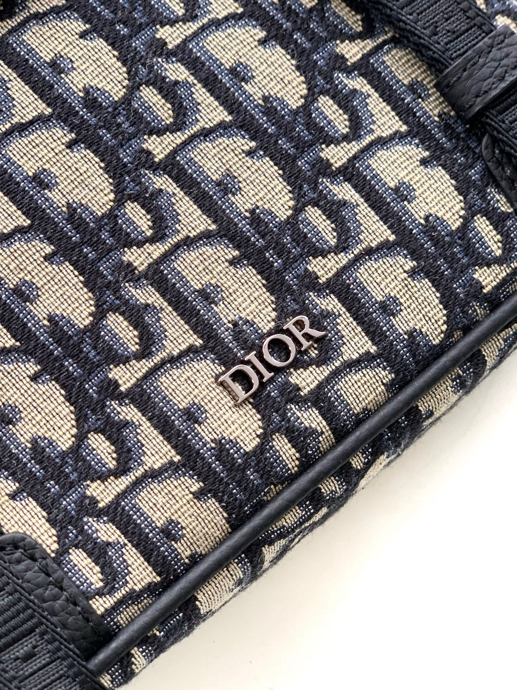 Close-up of Dior monogram canvas with textured fabric and small Dior logo plaque