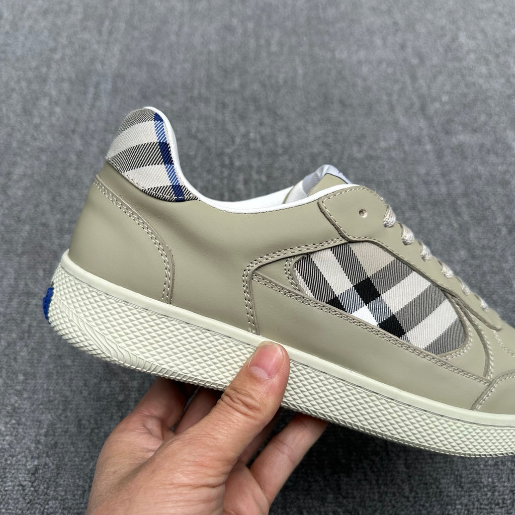 Burberry low-top sneaker, beige leather with check panel and textured white sole