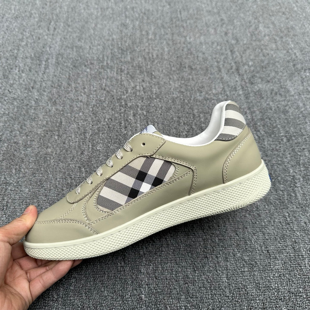 Burberry low-top sneaker, beige leather with check stripe and white textured sole