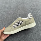 Burberry low-top sneaker, beige leather with check stripe and white textured sole