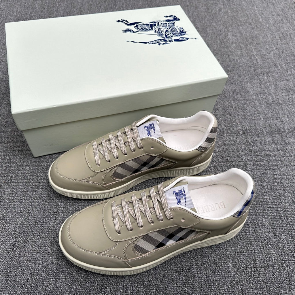 Burberry low-top sneakers, beige leather with black-and-white check panels