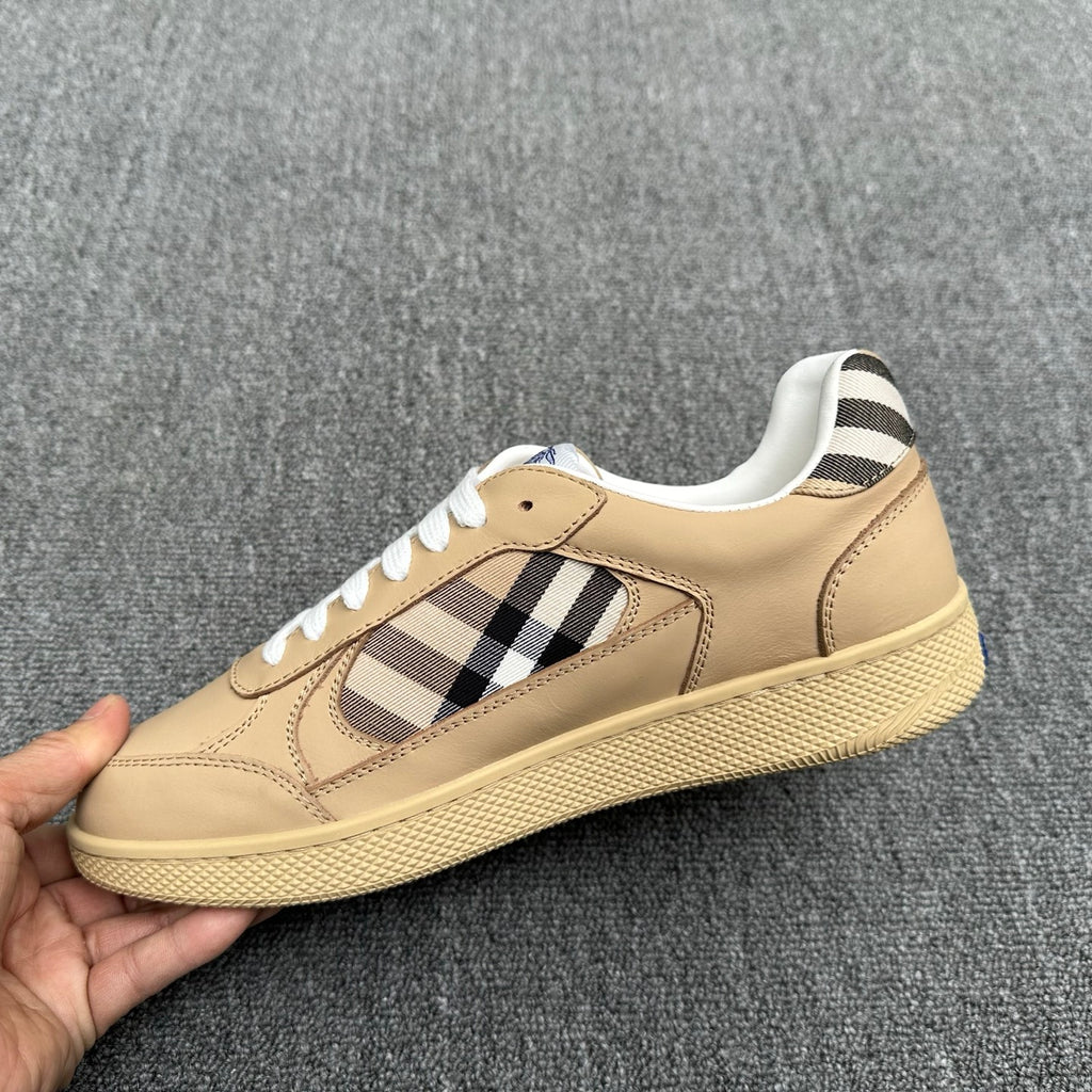 Burberry beige low-top sneaker side view, check stripe and blue logo detail