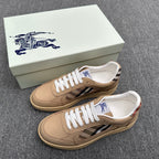 Burberry sneakers with check panel, white laces, beside logo shoebox