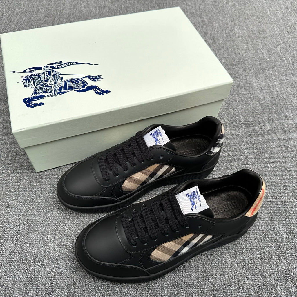 Black low-top sneakers with lace-up front and beige check side panel