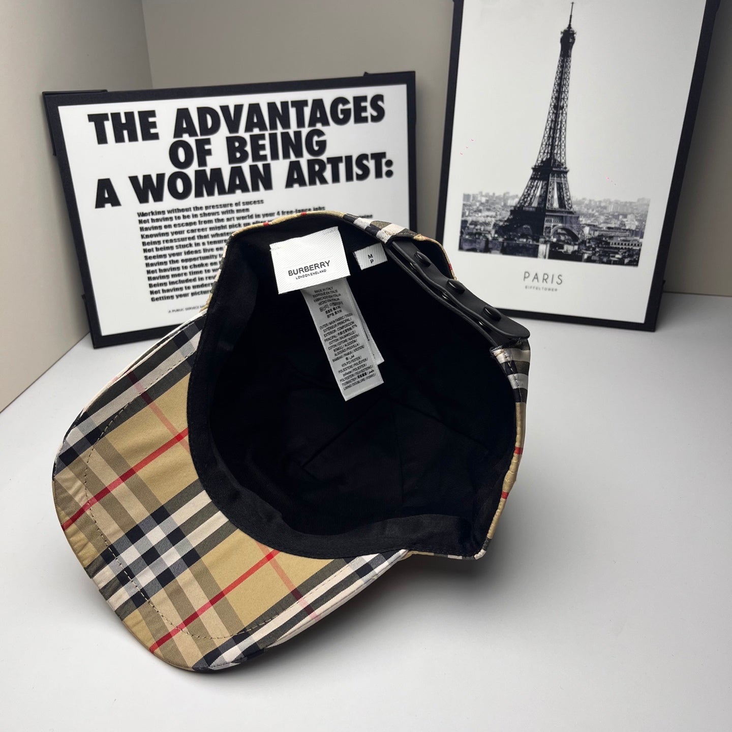 Burberry plaid baseball cap interior view with black lining and hang tag