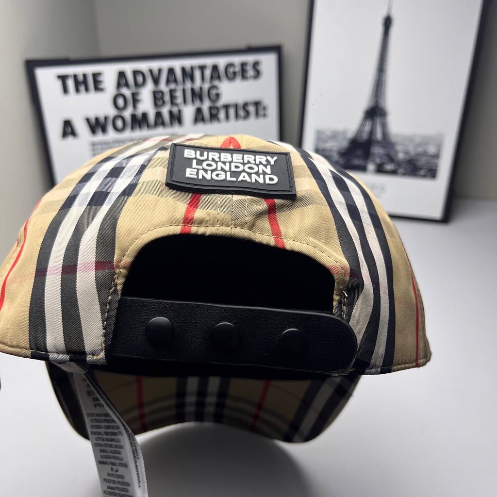 Burberry plaid baseball cap interior with black strap and logo patch