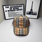 Burberry plaid baseball cap with beige, navy, and red check panels