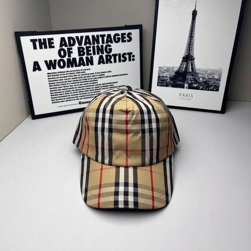 Burberry plaid baseball cap with beige, navy, and red check panels