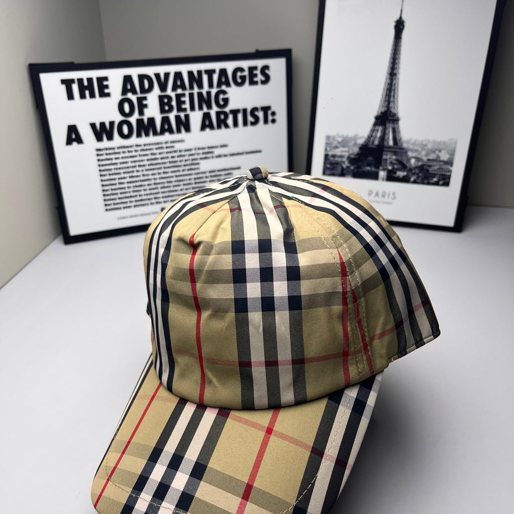 Burberry plaid baseball cap with beige crown and navy red vertical stripes