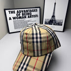 Burberry plaid baseball cap with beige crown and navy red vertical stripes