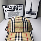 Burberry plaid baseball cap back view with beige crown and navy red lines