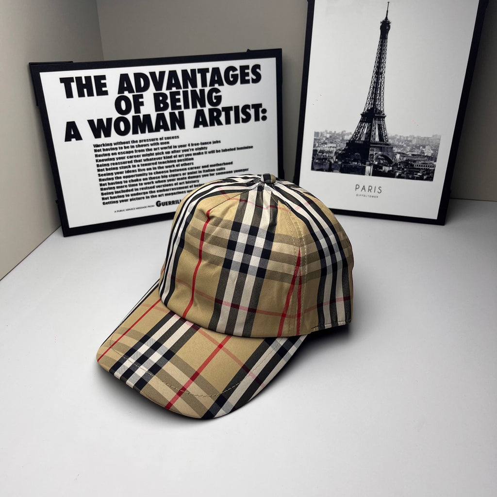 Burberry plaid baseball cap with curved brim, beige navy red check pattern