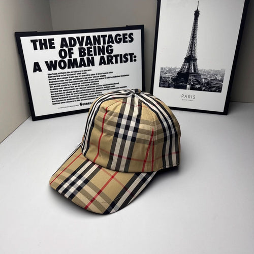 Burberry plaid baseball cap with curved brim, beige navy red check pattern