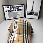 Burberry baseball cap in beige, navy and red plaid with white #9 lettering across front