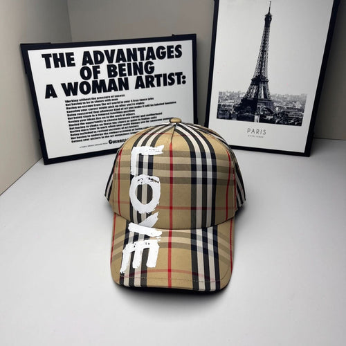 Burberry baseball cap in beige, black, red and navy plaid with large #9 graphic on front